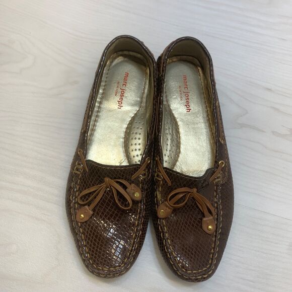 MARC JOSEPH NEW YORK CYPRESS HILL BROWN & GOLD SNAKE PRINT LEATHER MOCCASINS 8 - Picture 6 of 9